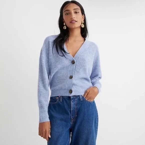 J. Crew Ribbed V-Neck Cardigan Sweater Alpaca Blend Heather River Blue - Picture 3 of 9